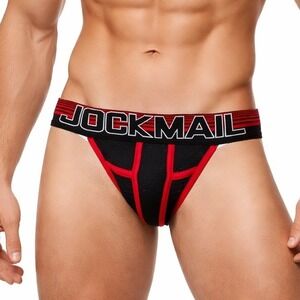 Jockmail Medium (27-30) Rugby Jockstrap Black Red Mesh Athletic Supporter JM224